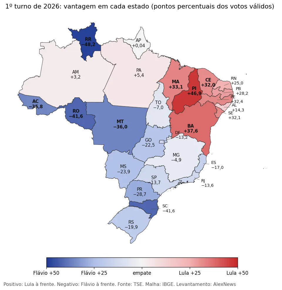 mapa-2026-estados Eleição 2026 por cidade: Flávio vence em 2.906 e Lula em 2.663