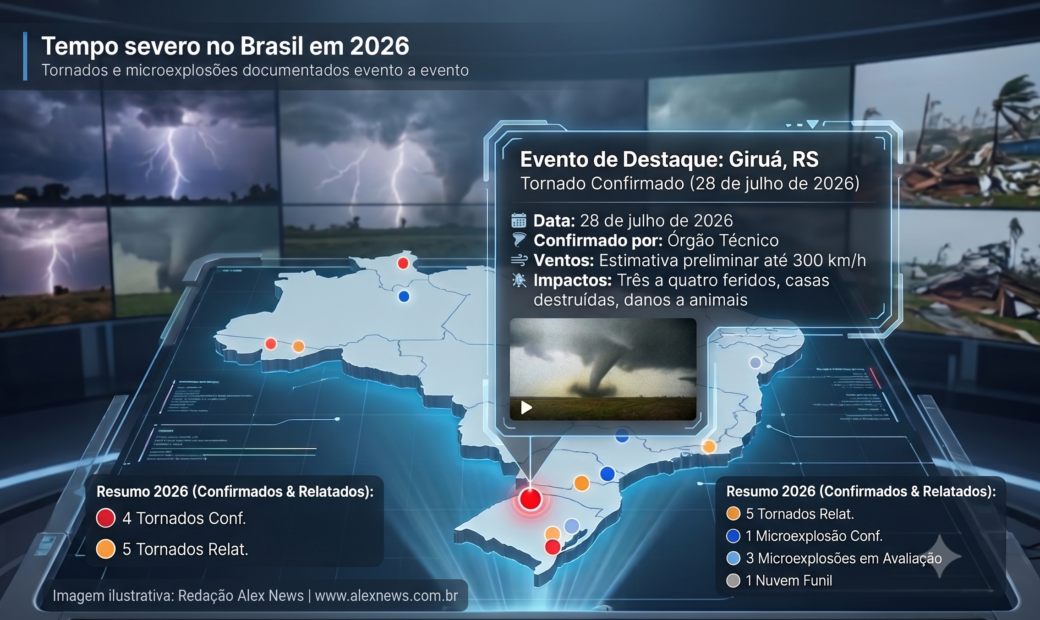 Alex News — Tornados e microexplosões: o mapa do tempo severo no Brasil em 2026 — Clima