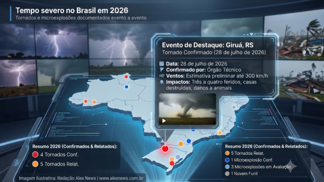 Tornados e microexplosões: o mapa do tempo severo no Brasil em 2026