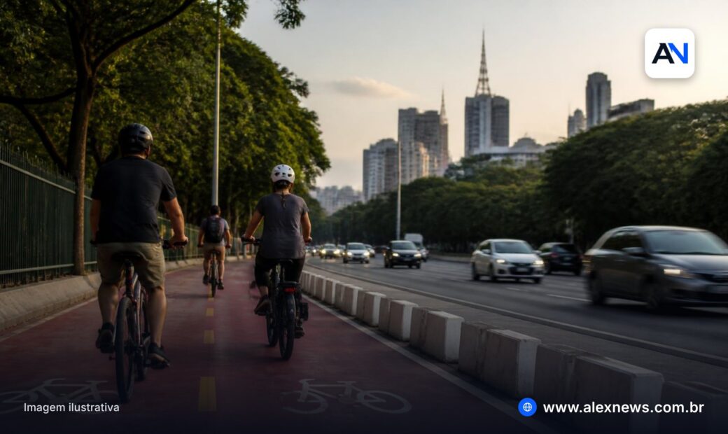 Pessoas transitando em ciclovia em região urbana,
