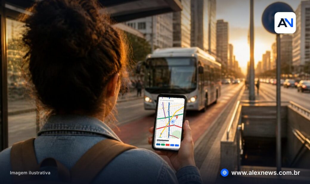 Pessoa de costas num ponto de ônibus de São Paulo consulta no celular um mapa com linhas de metrô e trem, enquanto um ônibus se aproxima e, ao lado, fica a entrada de uma estação.