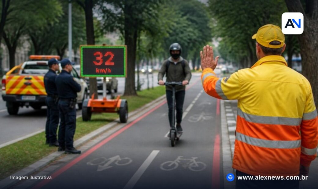 Um agente de transito abordando um usuario de cicloflaixa na cidade de São Paulo.