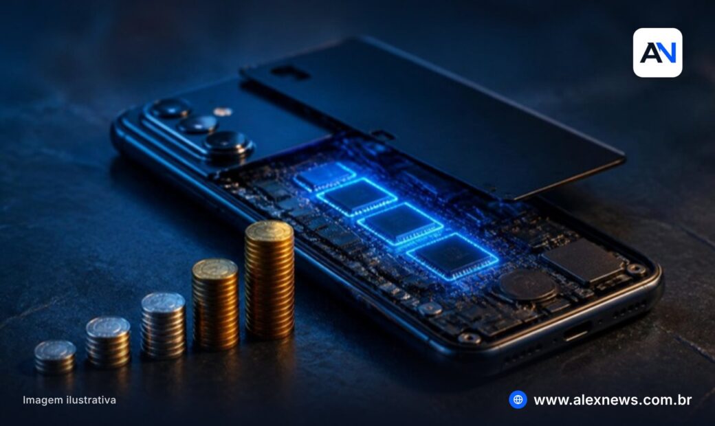 Celular aberto com chips de memória iluminados ao lado de pilhas de moedas que crescem da esquerda para a direita.